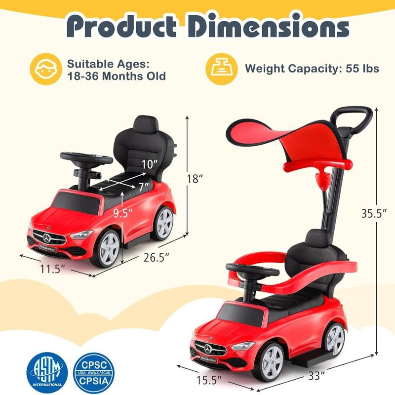 Costzon 3 in 1 Ride on Push Car, Stroller Sliding Walking Car with Horn, Music, Light, under Seat Storage, Parental Handle, Armrest Guardrails