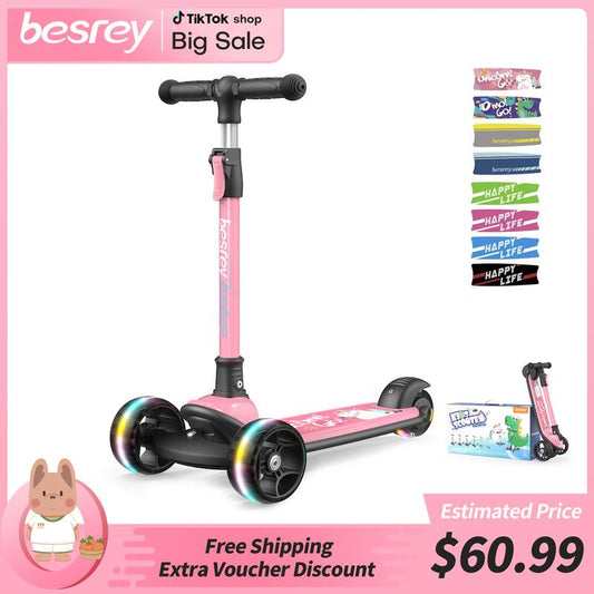 Besrey Scooter for Kids for 3-15 Years Old – Foldable Design, Adjustable Height, LED Lights & 4-Position Handlebar,Lightweight Aluminum Alloy Frame,Outdoor,Indoor Ride Scooter for Kids Birthday Gift Fun