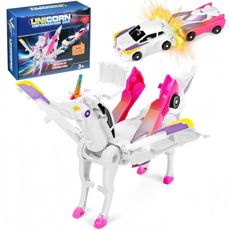 Hotfree Magnetic Dinosaur Transformer Car Toy, 2-In-1 Magnetic Cars That Transform into Flying Dragon and Unicorn, Automatic Collision Transforming Toy, Fun STEM Toy Birthday Gift for Boys & Girls
