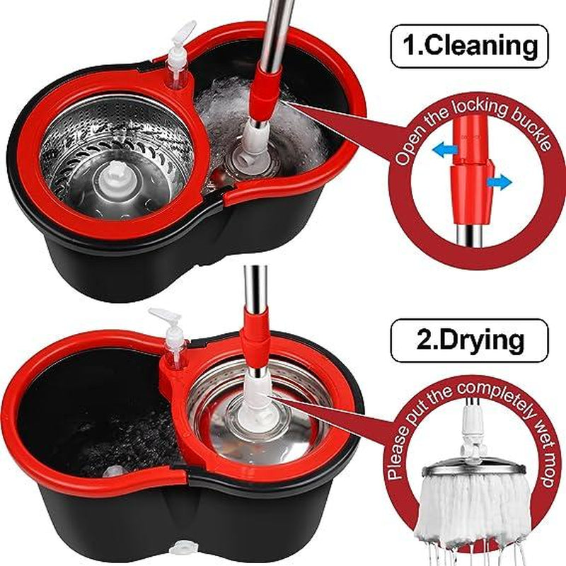 Spin Mop Bucket with Wringer Set Operable 360° Rotating Mop Bucket Set with 3 Microfiber Replacement Heads Stainless Steel Mop Bucket 61 Inch Adjustable Handle Household Cleaning Tools Black Plastic - Removable