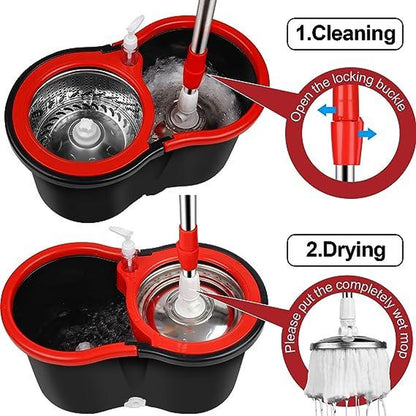 Spin Mop Bucket with Wringer Set Operable 360° Rotating Mop Bucket Set with 3 Microfiber Replacement Heads Stainless Steel Mop Bucket 61 Inch Adjustable Handle Household Cleaning Tools Black Plastic - Removable