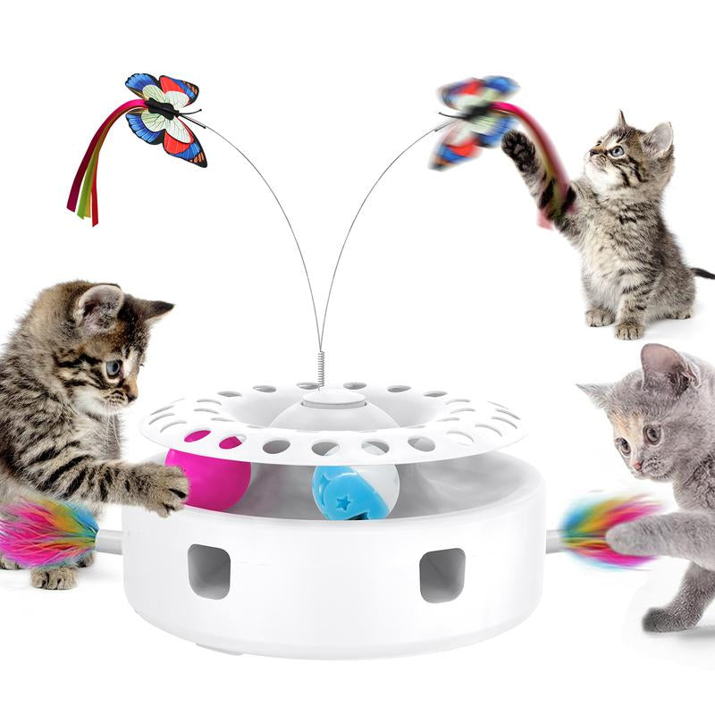 Cat Toys 3In1 Automatic Interactive Kitten Toy, Fluttering Butterfly, Moving Ambush Feather, Track Balls, Dual Power Supplies