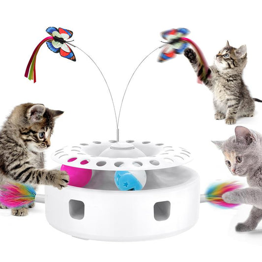 Cat Toys 3In1 Automatic Interactive Kitten Toy, Fluttering Butterfly, Moving Ambush Feather, Track Balls, Dual Power Supplies