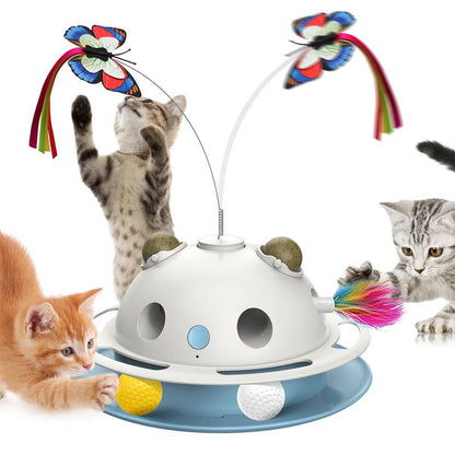 Cat Toys 3In1 Automatic Interactive Kitten Toy, Fluttering Butterfly, Moving Ambush Feather, Track Balls, Dual Power Supplies