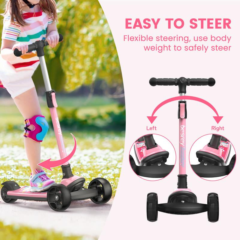 Besrey Scooter for Kids for 3-15 Years Old – Foldable Design, Adjustable Height, LED Lights & 4-Position Handlebar,Lightweight Aluminum Alloy Frame,Outdoor,Indoor Ride Scooter for Kids Birthday Gift Fun