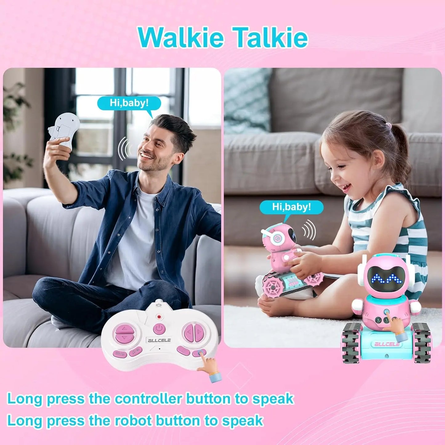 Kid Robot, LED RC Robot Toys, RC Robot with Walkie Talkie, Music, Remote Control Robot Toy, Gift for Girls-Blue Pink