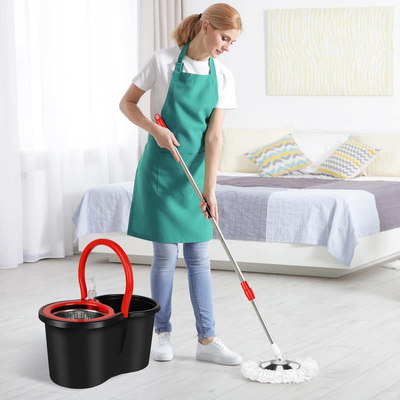 Spin Mop Bucket with Wringer Set Operable 360° Rotating Mop Bucket Set with 3 Microfiber Replacement Heads Stainless Steel Mop Bucket 61 Inch Adjustable Handle Household Cleaning Tools Black Plastic - Removable