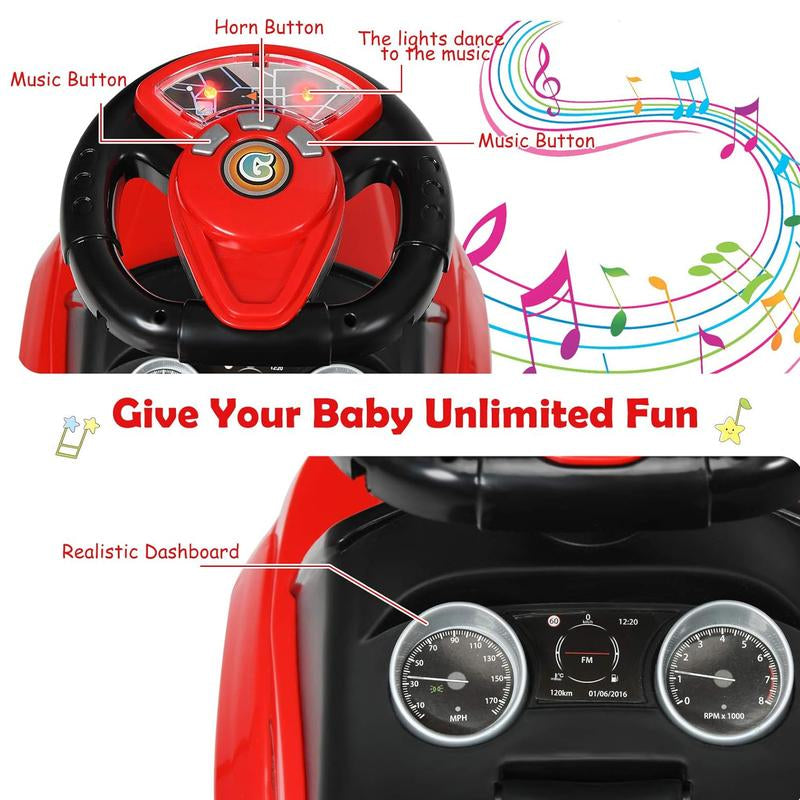 Costzon 3 in 1 Ride on Push Car, Stroller Sliding Walking Car with Horn, Music, Light, under Seat Storage, Parental Handle, Armrest Guardrails