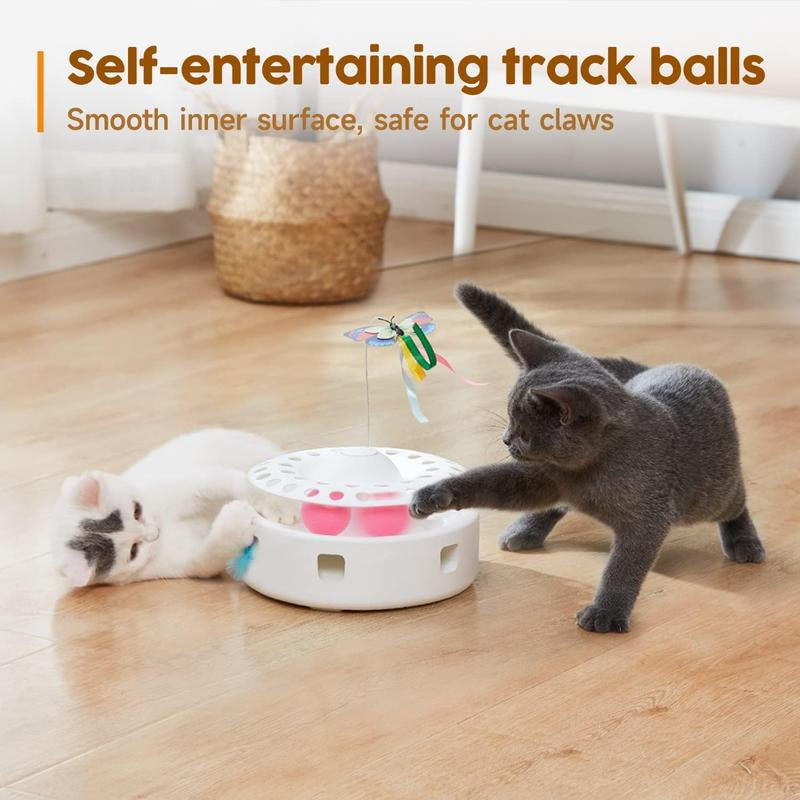 Cat Toys 3In1 Automatic Interactive Kitten Toy, Fluttering Butterfly, Moving Ambush Feather, Track Balls, Dual Power Supplies
