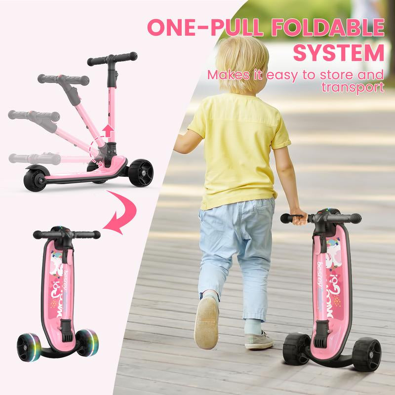 Besrey Scooter for Kids for 3-15 Years Old – Foldable Design, Adjustable Height, LED Lights & 4-Position Handlebar,Lightweight Aluminum Alloy Frame,Outdoor,Indoor Ride Scooter for Kids Birthday Gift Fun