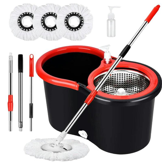 Spin Mop Bucket with Wringer Set Operable 360° Rotating Mop Bucket Set with 3 Microfiber Replacement Heads Stainless Steel Mop Bucket 61 Inch Adjustable Handle Household Cleaning Tools Black Plastic - Removable