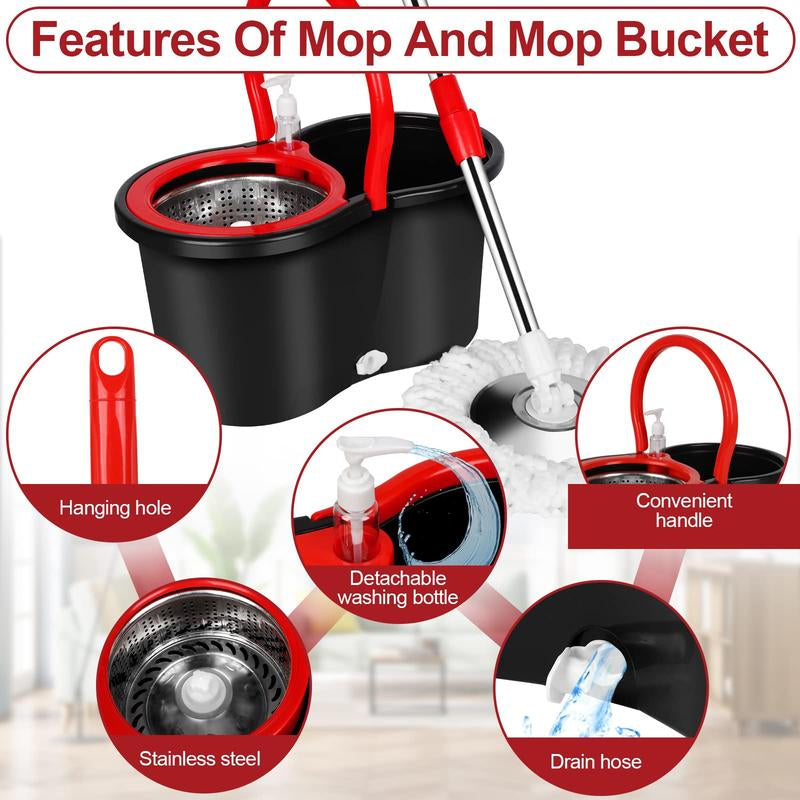 Spin Mop Bucket with Wringer Set Operable 360° Rotating Mop Bucket Set with 3 Microfiber Replacement Heads Stainless Steel Mop Bucket 61 Inch Adjustable Handle Household Cleaning Tools Black Plastic - Removable