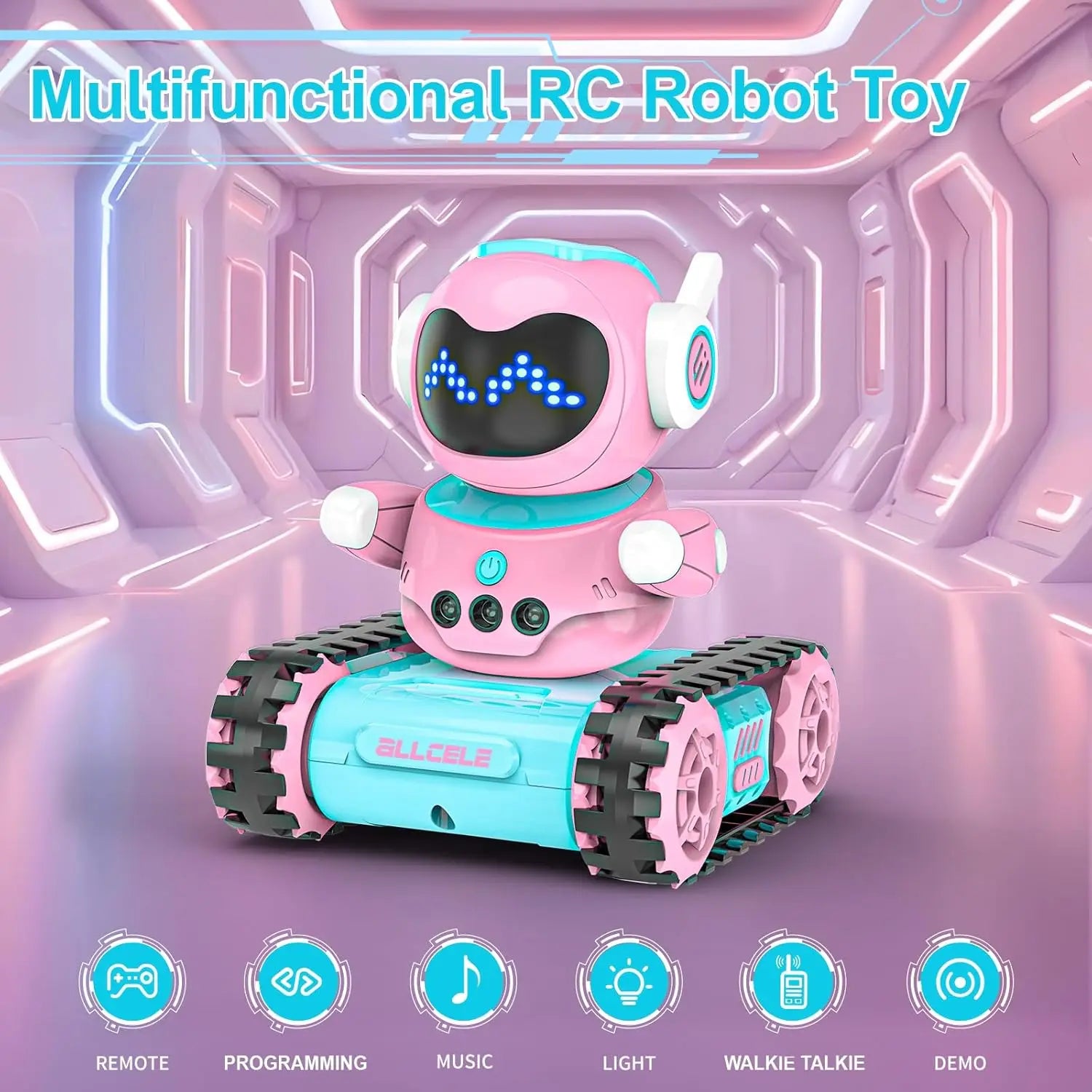 Kid Robot, LED RC Robot Toys, RC Robot with Walkie Talkie, Music, Remote Control Robot Toy, Gift for Girls-Blue Pink