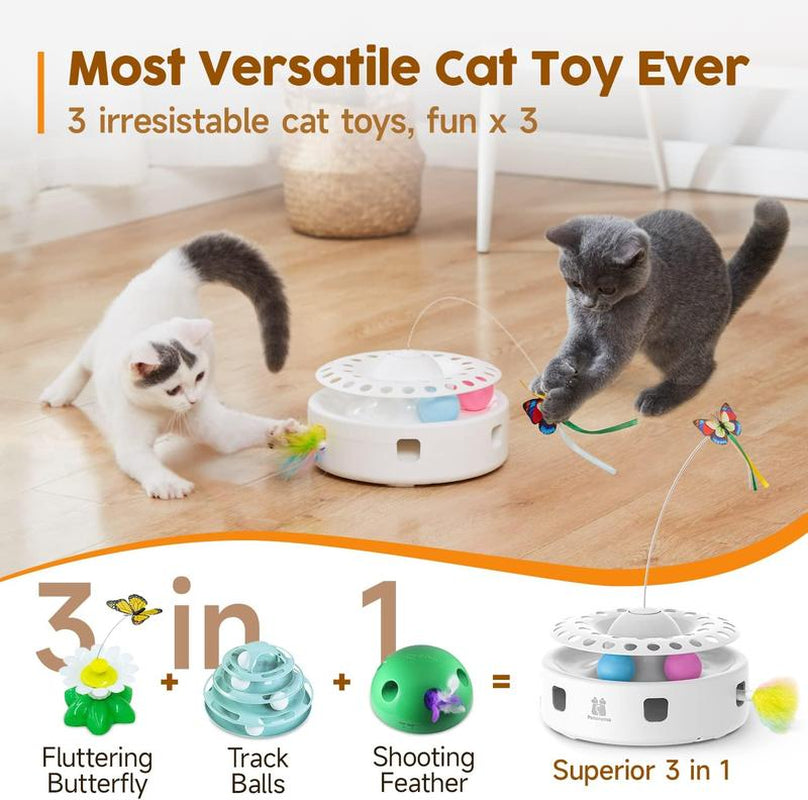 Cat Toys 3In1 Automatic Interactive Kitten Toy, Fluttering Butterfly, Moving Ambush Feather, Track Balls, Dual Power Supplies