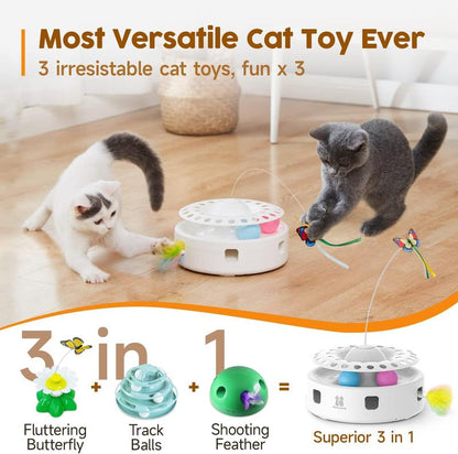 Cat Toys 3In1 Automatic Interactive Kitten Toy, Fluttering Butterfly, Moving Ambush Feather, Track Balls, Dual Power Supplies
