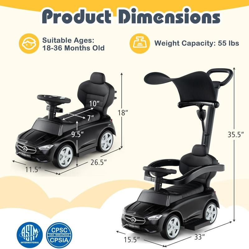 Costzon 3 in 1 Ride on Push Car, Stroller Sliding Walking Car with Horn, Music, Light, under Seat Storage, Parental Handle, Armrest Guardrails