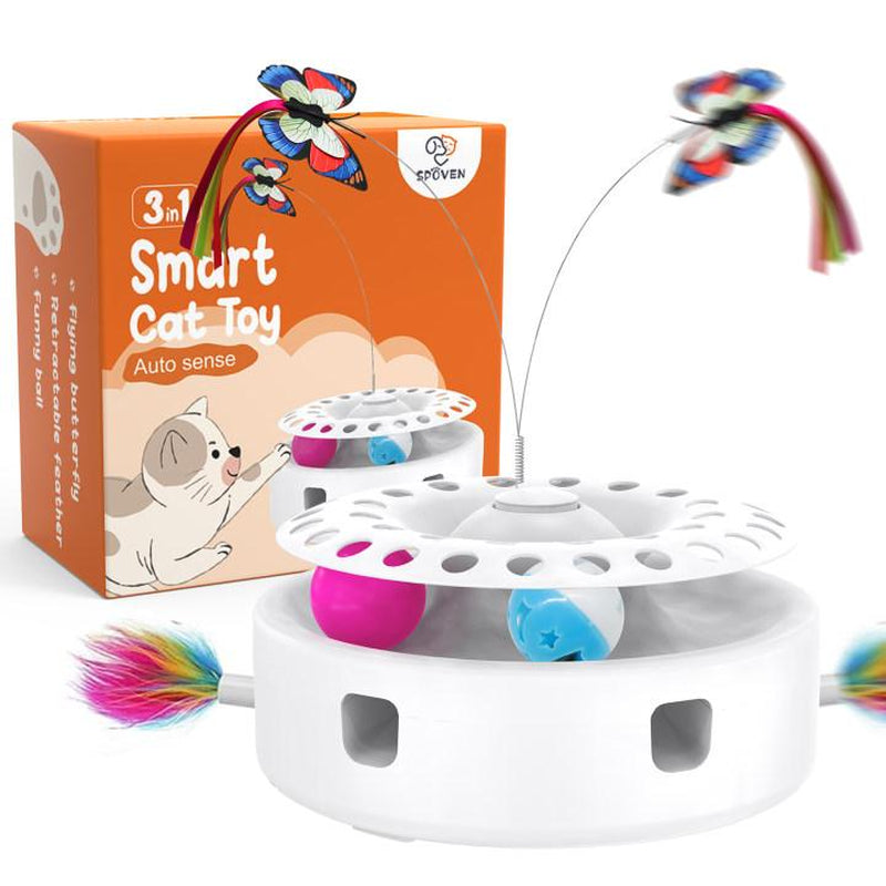 Cat Toys 3In1 Automatic Interactive Kitten Toy, Fluttering Butterfly, Moving Ambush Feather, Track Balls, Dual Power Supplies