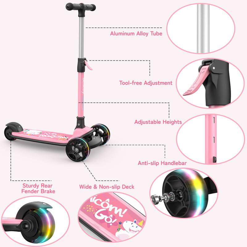 Besrey Scooter for Kids for 3-15 Years Old – Foldable Design, Adjustable Height, LED Lights & 4-Position Handlebar,Lightweight Aluminum Alloy Frame,Outdoor,Indoor Ride Scooter for Kids Birthday Gift Fun